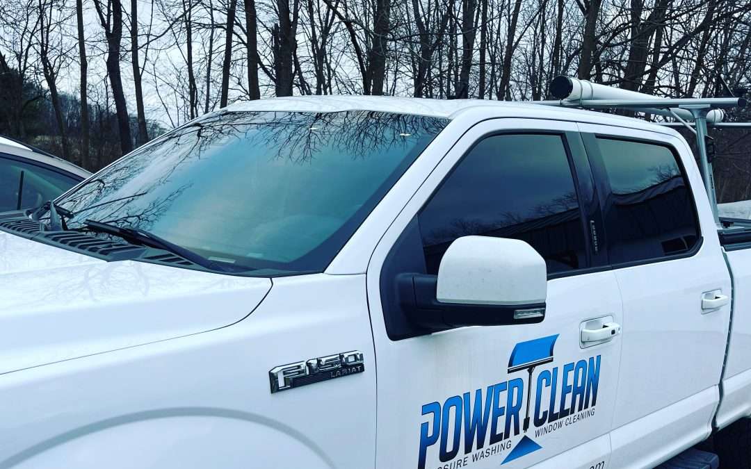 New window tint on one of the work trucks