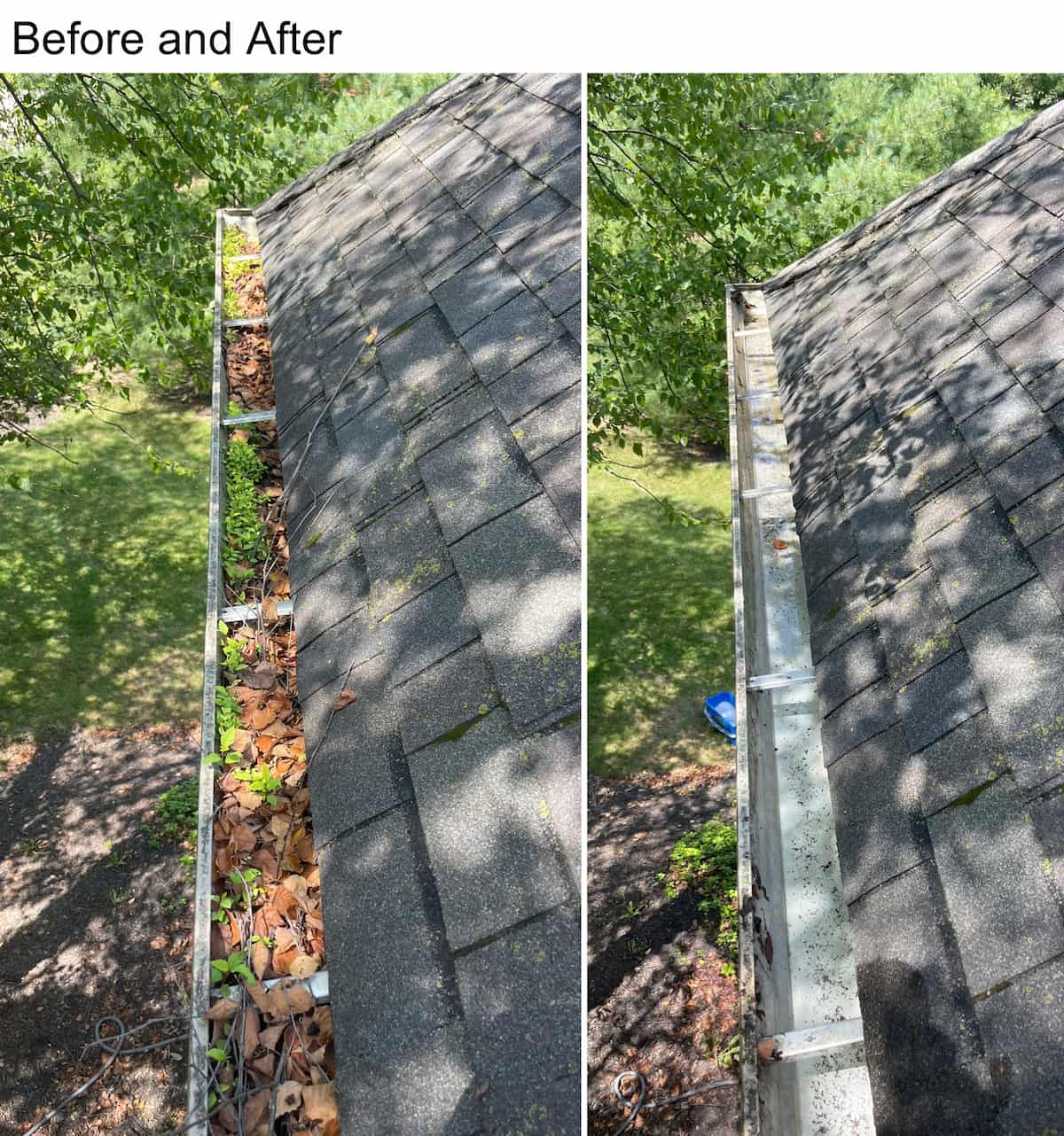 Gutter Cleaning Before and After. Leaves clogging the gutter before the cleaning