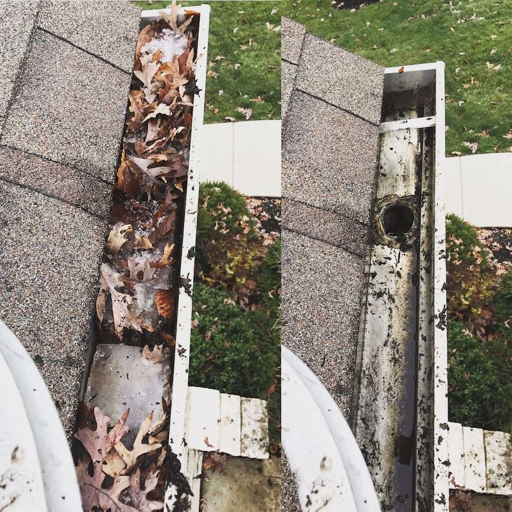 Gutter Cleaning Before and After. Leaves clogging the gutter before the cleaning