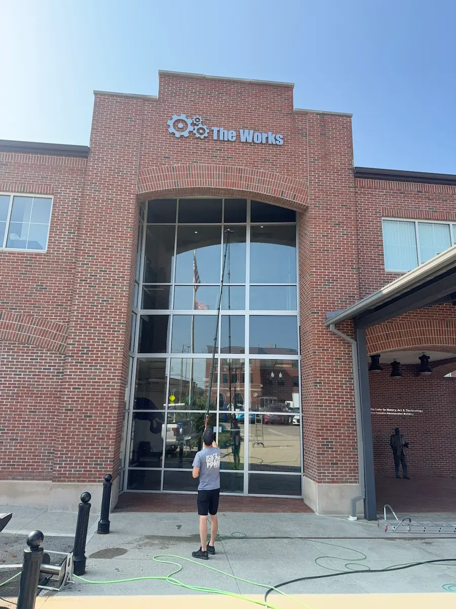 Window Cleaning at The Works in Newark Power Clean cleaing the windows with a water fed pole at The Works in Newark OH