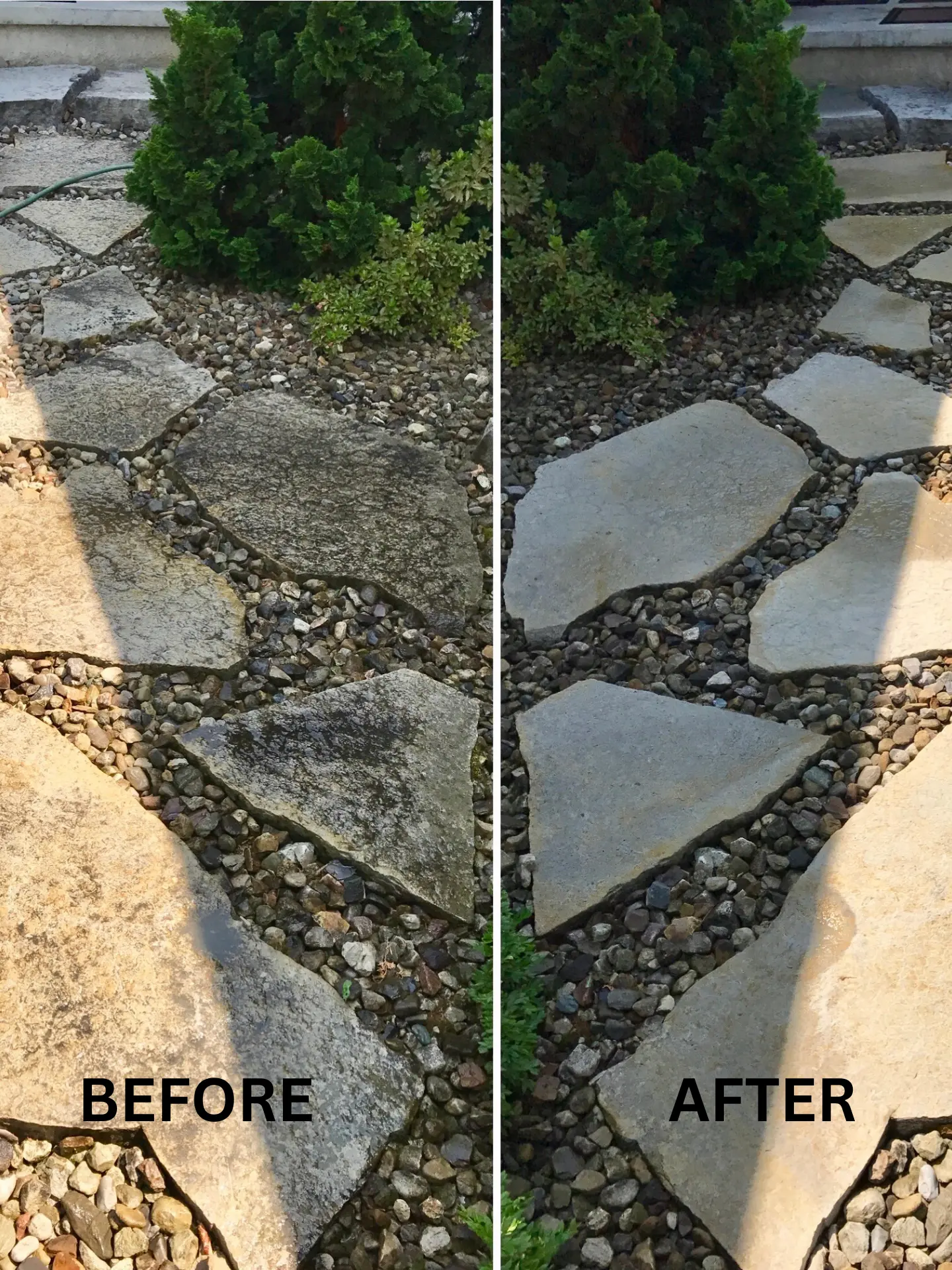 stone-paver-cleaning-before-after notice the difference in stone pavers before and after being pressure washed by power clean